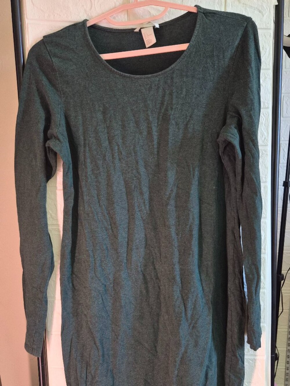 Minimalist Basic Women Dress Long Sleeve Sz L Mini Forest Green Casual Layering